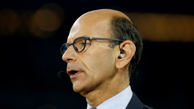 An extreme closeup of ESPN college football analyst Paul Finebaum from the Cotton Bowl in Texas in 2019.