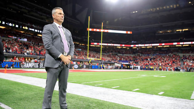 Urban Meyer on the sideline at the Big Ten Championship Game.