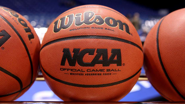 A photo of a basketball ahead of a game between Oregon and Louisville.