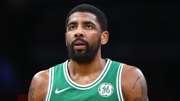 A closeup of Kyrie Irving during a game.