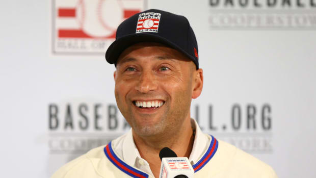 Derek Jeter speaks to the media after being elected into the Hall of Fame.