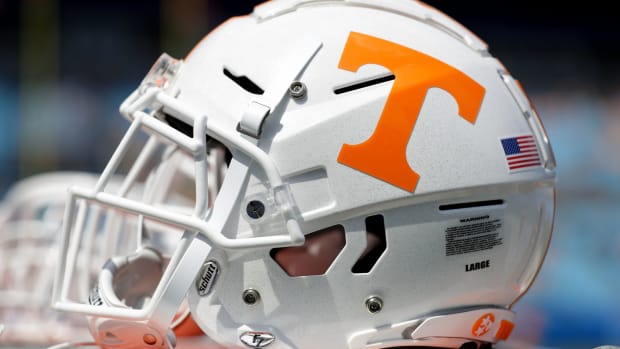 A closeup of a Tennessee Volunteers football helmet.