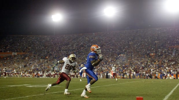 Percy Harvin catching a touchdown pass during a Florida football game.