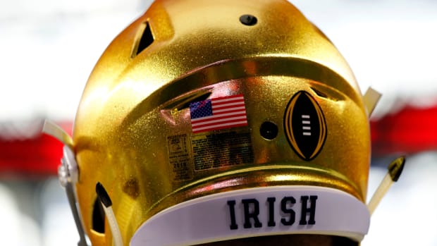 A closeup of a Notre Dame football helmet.