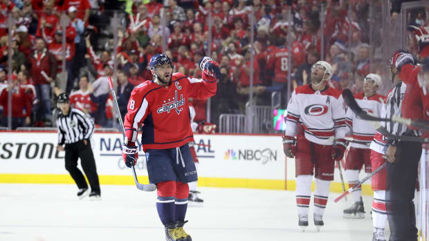 Alex Ovechkin skating during a playoff game.