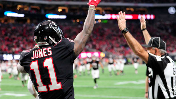 Atlanta Falcons superstar Julio Jones celebrating a touchdown reception.