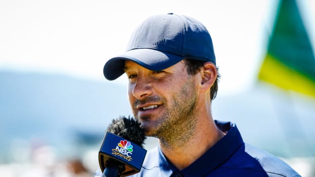 Tony Romo gets interviewed by NBC Sports after a golf tournament.