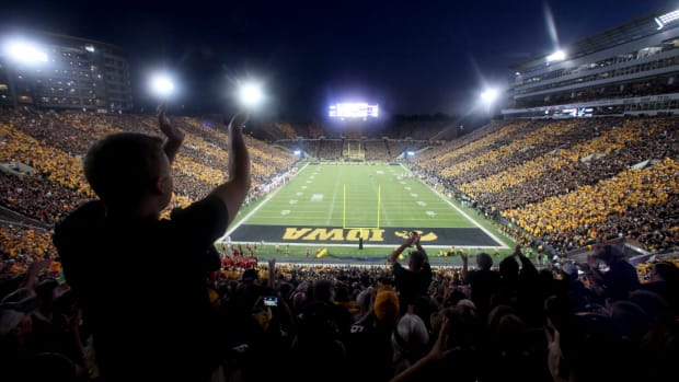 Fans cheer as the Iowa Hawkeyes face the Iowa State Cyclones on September 10, 2016 at Kinnick Stadium.