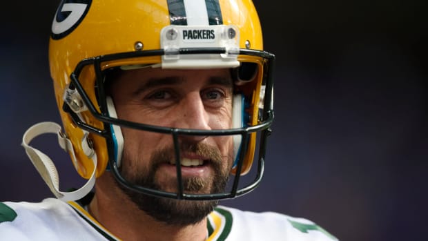 A closeup of Aaron Rodgers in his Green Bay Packers helmet