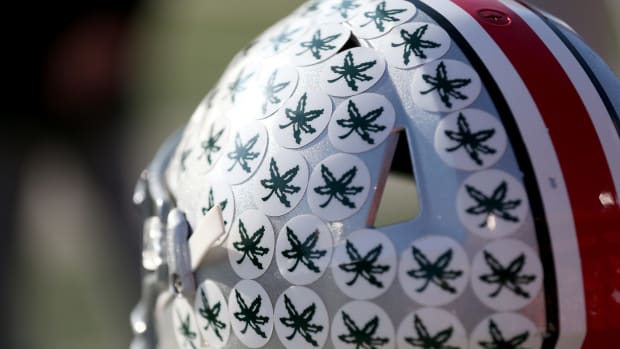 A closeup of an ohio state football helmet.