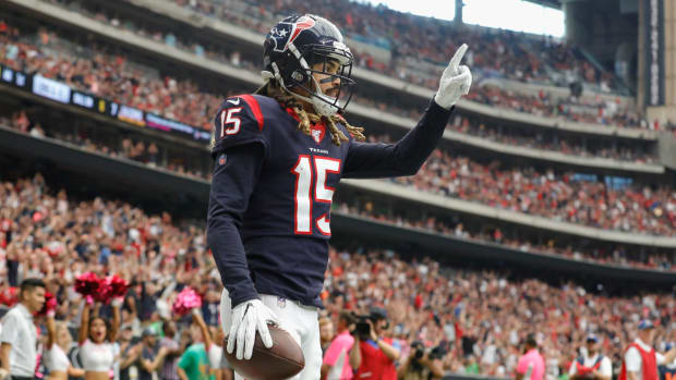 Will Fuller celebrates a touchdown against the Falcons.
