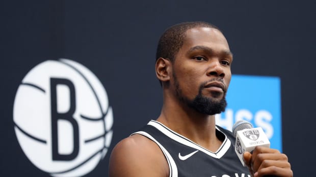Kevin Durant speaks to the media during Nets Media Day.