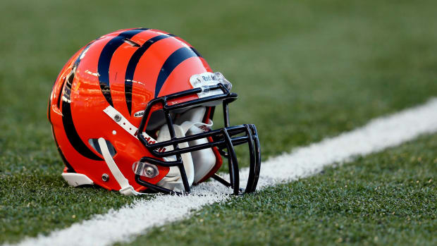 A general photo of a Cincinnati Bengals helmet on the field.