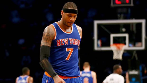 A closeup of Carmelo Anthony in a New York Knicks jersey.