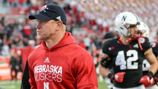 Nebraska head coach Scott Frost walks onto the field.