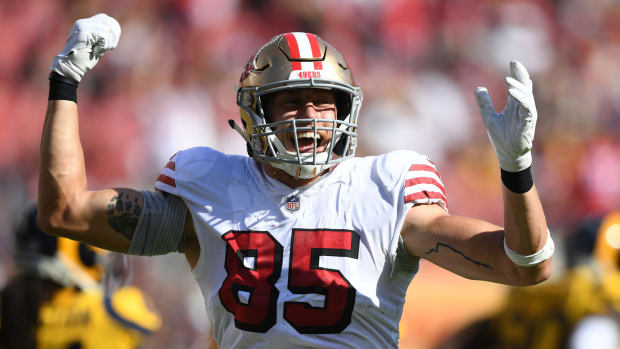 San Francisco 49ers Tight End George Kittle celebrating during a game.