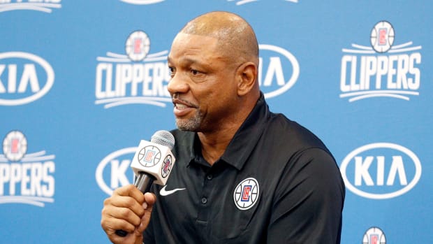 A closeup of Los Angeles Clippers Doc Rivers addressing the media.