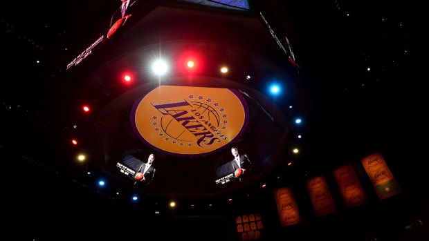 The Lakers logo on the Staples Center jumbotron.