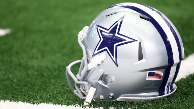 A closeup of a Dallas Cowboys helmet.