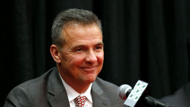 A closeup of Urban Meyer during an Ohio State Buckeyes press conference.
