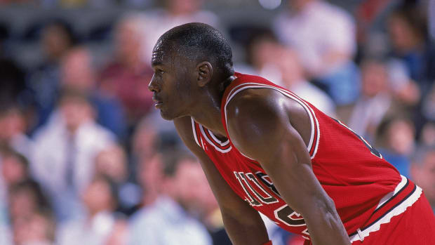 A solo shot of Michael Jordan on the court for the Chicago Bulls.