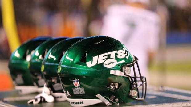 General shot of the new Jets helmets at MetLife Stadium.