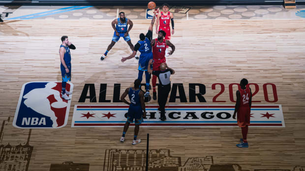 The 2020 NBA All-Star Game in Chicago featuring Anthony Davis tipping off.