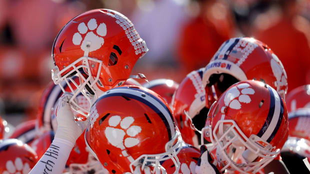 View of helmets of the Clemson football team.