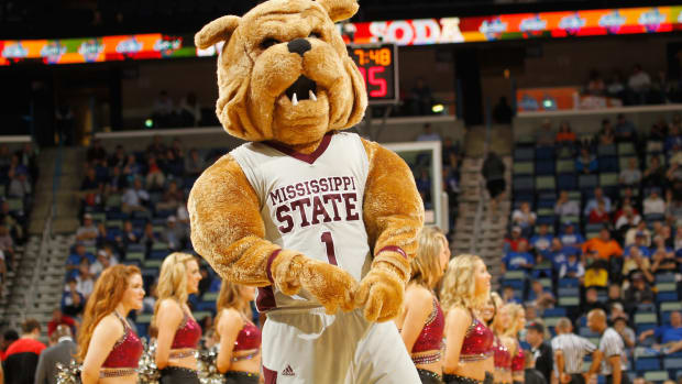 Mississippi State's mascot at a basketball game.