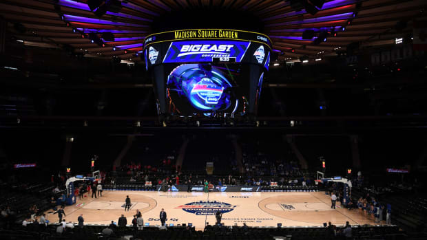 A shot of the court at Madison Square Garden before a Big East Tournament game.