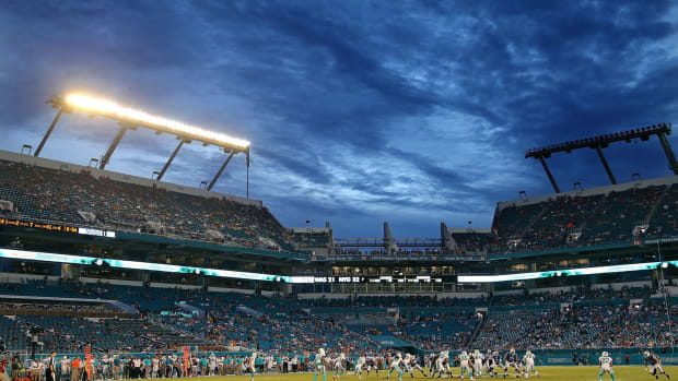 A field level view of the Miami Dolphins stadium.