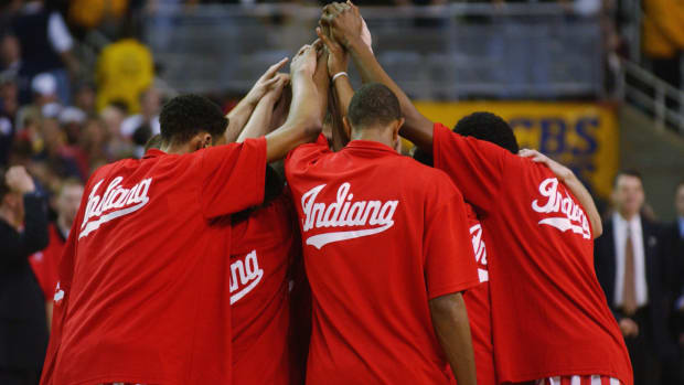 The Indiana Hoosiers huddle before the Indiana basketball team plays in the men's NCAA Basketball National Championship game against the Maryland Terrapins.