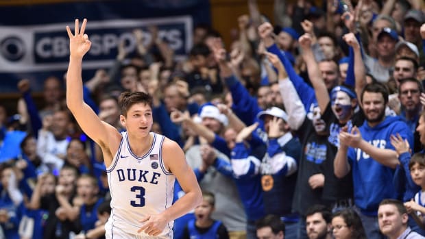 Grayson Allen #3 of the Duke Blue Devils reacts after making a three-point basket against the Florida State Seminoles.