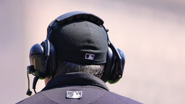 The backside of an mlb umpire's head.
