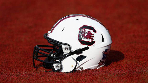 A closeup of a South Carolina football Gamecocks helmet.
