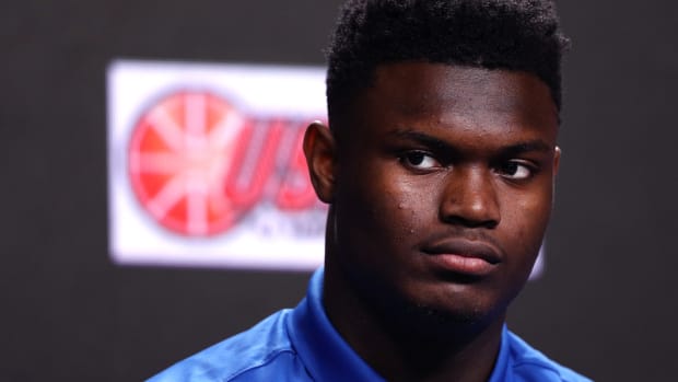 A closeup of Zion Williamson talking to the media.