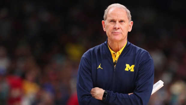 Head coach John Beilein of the Michigan Wolverines looks on during practice before the 2018 Men's NCAA Final Four.