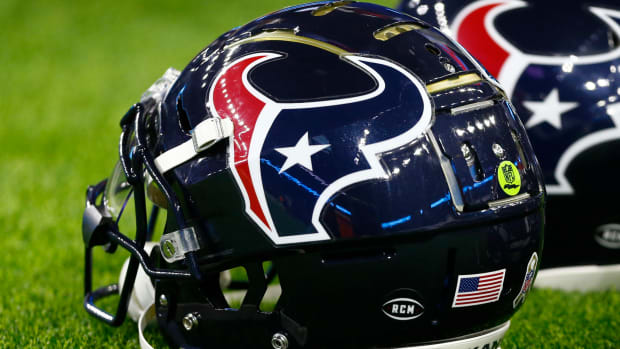 A closeup of a Houston Texans helmet.