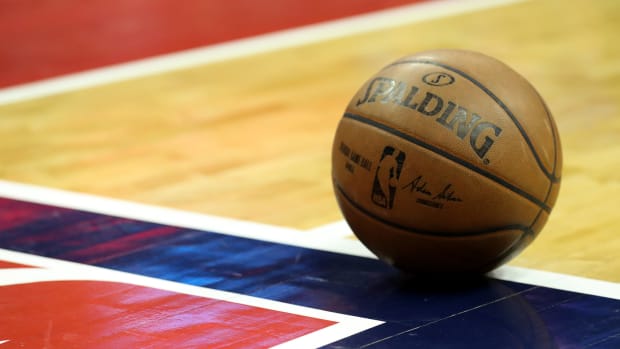 A basketball sits on the court during a timeout in the Washington Wizards and Boston Celtics game.