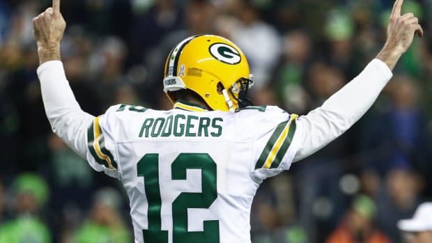 A photo of Green Bay Packers QB Aaron Rodgers during a game.
