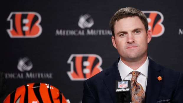Zac Taylor speaking to the media at a Cincinnati Bengals press conference.