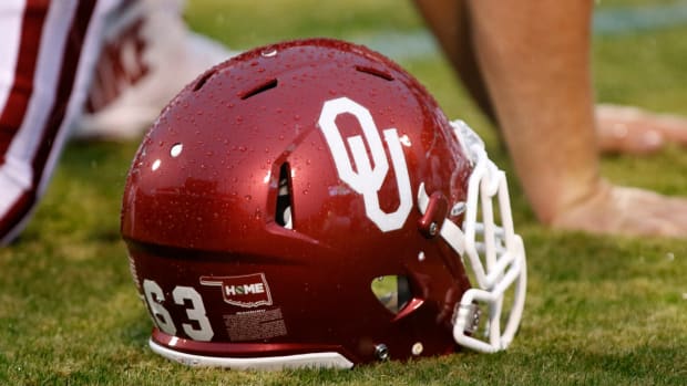 A close up of an Oklahoma Sooners football helmet.