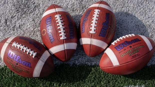 A medium-shot of footballs used by Northwestern and Nebraska.