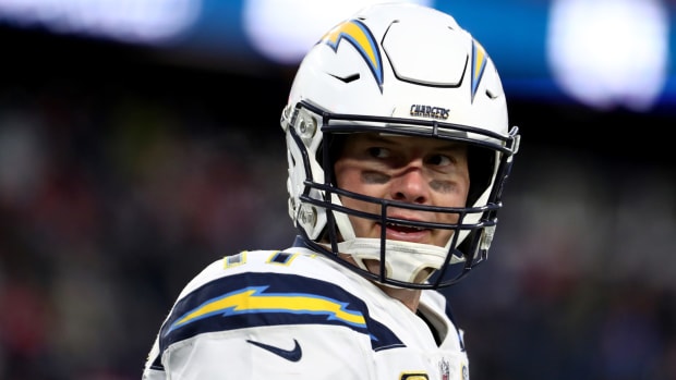 A closeup of Los Angeles Chargers QB Philip Rivers