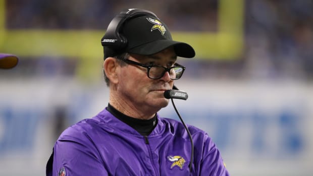 A closeup of Vikings coach Mike Zimmer, who has been connected to the Dallas Cowboys job.