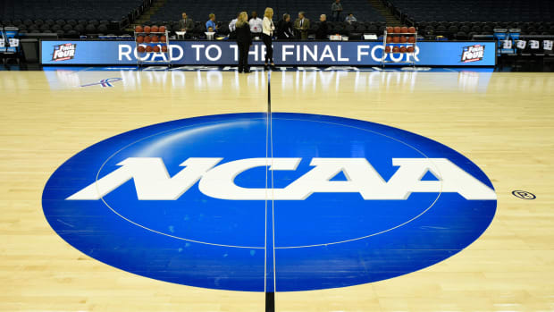 A general view of the NCAA logo at center court.