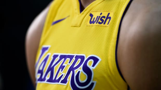 A closeup of a Lakers uniform.