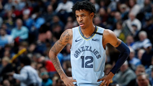 Ja Morant looks on during a game for the Memphis Grizzlies. He was an All-Rookie team member when the NBA announced All-NBA teams for 2020.