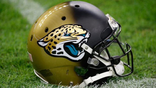 A closeup of a Jaguars football helmet.