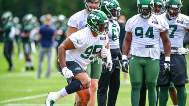 Quinnen Williams of the NFL's New York Jets practicing at training camp.